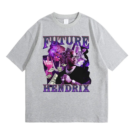 Gray heathered cotton rapper future hendrix graphic print t-shirt featuring vibrant purple and black hip hop 90s design streetwear oversized tshirt
