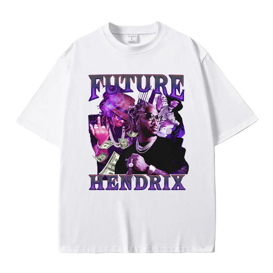 White cotton rapper future hendrix graphic print t shirt featuring vibrant purple design 90s vintage tees streetwear oversized tshirt