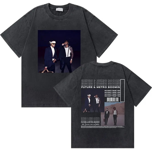 Black oversized men hip hop washed vintage t-shirt featuring rapper Future and Metro Boomin graphic front and back