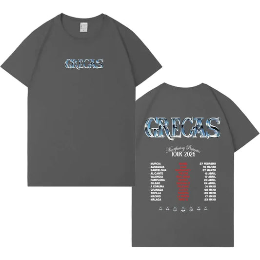 Dark gray cotton rapper grecas 2026 tour oversized t-shirt with metallic silver blue logo and back tour dates in white text