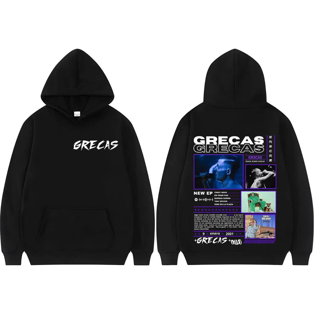 Black hoodie featuring rapper grecas album graphic design on back for men and women harajuku street hip hop style