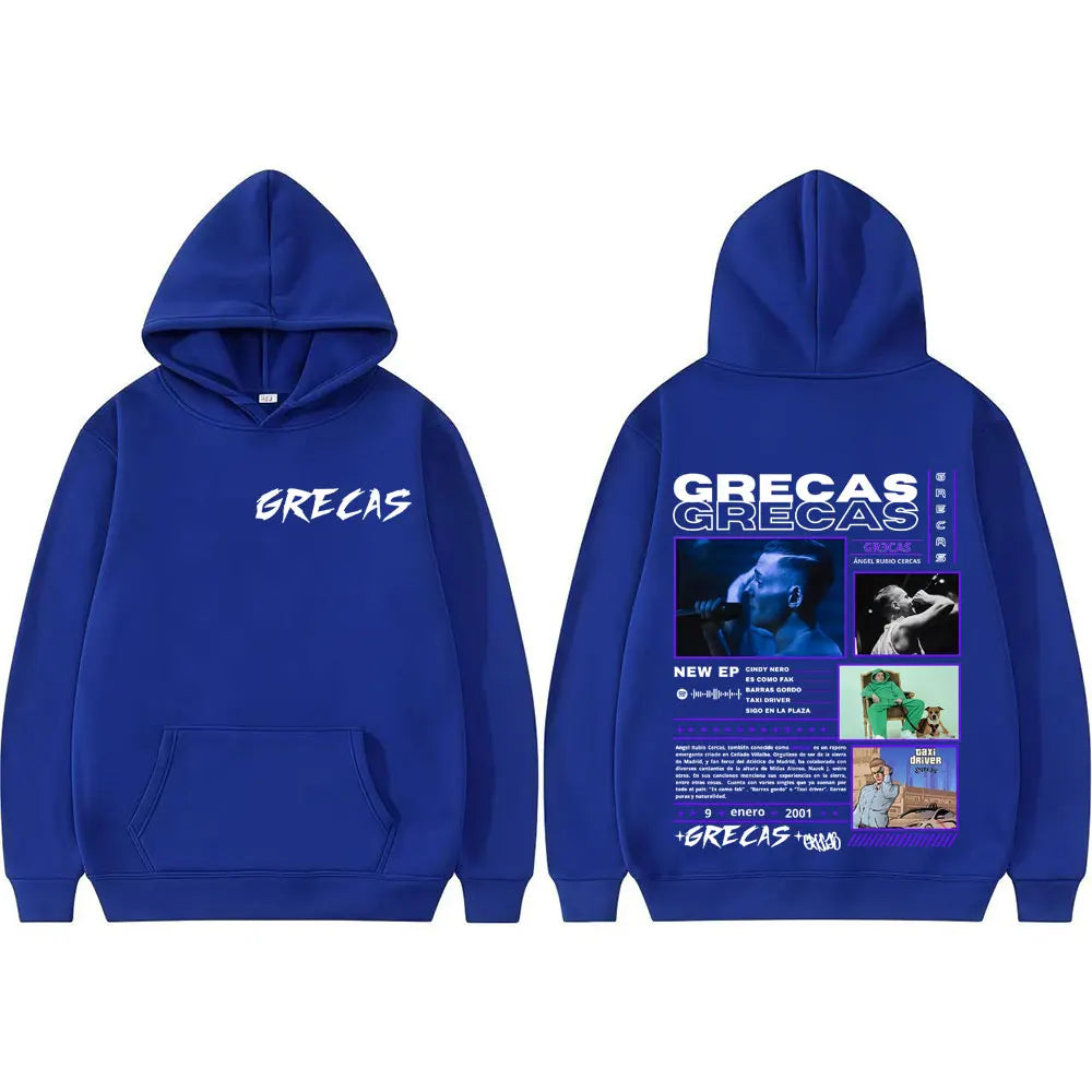 Royal blue rapper grecas album graphic hoodie for men women harajuku street with bold logo front and detailed back print