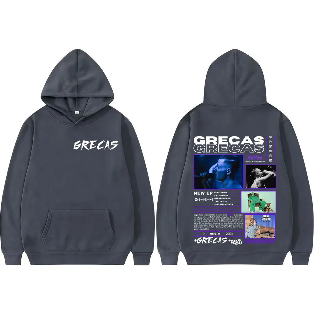 Dark gray rapper grecas album hooded sweatshirt with white text front and detailed graphic hoodies men back print