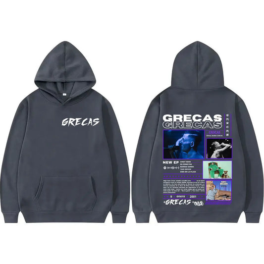 Dark gray rapper grecas album hooded sweatshirt with white text front and detailed graphic hoodies men back print