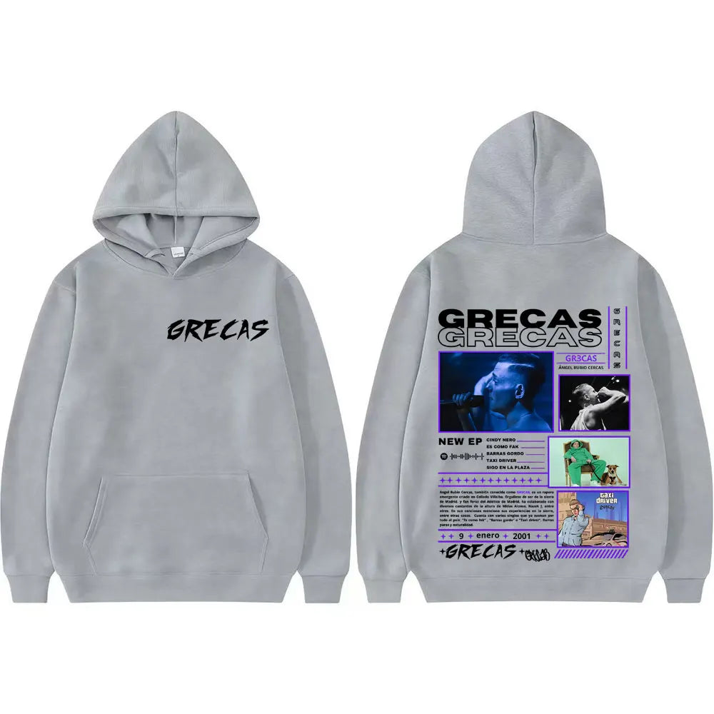 Gray hooded sweatshirt with black grecas text front and detailed purple graphic print on back for rapper grecas album graphic hoodies men women harajuku street