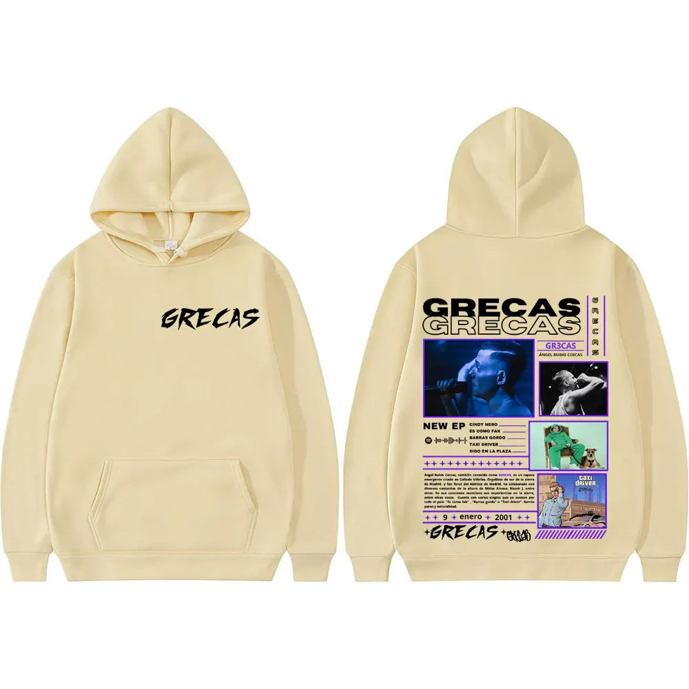 Cream-colored cotton rapper grecas album hoodie with bold black grecas logo and vibrant graphic back print for women harajuku street style