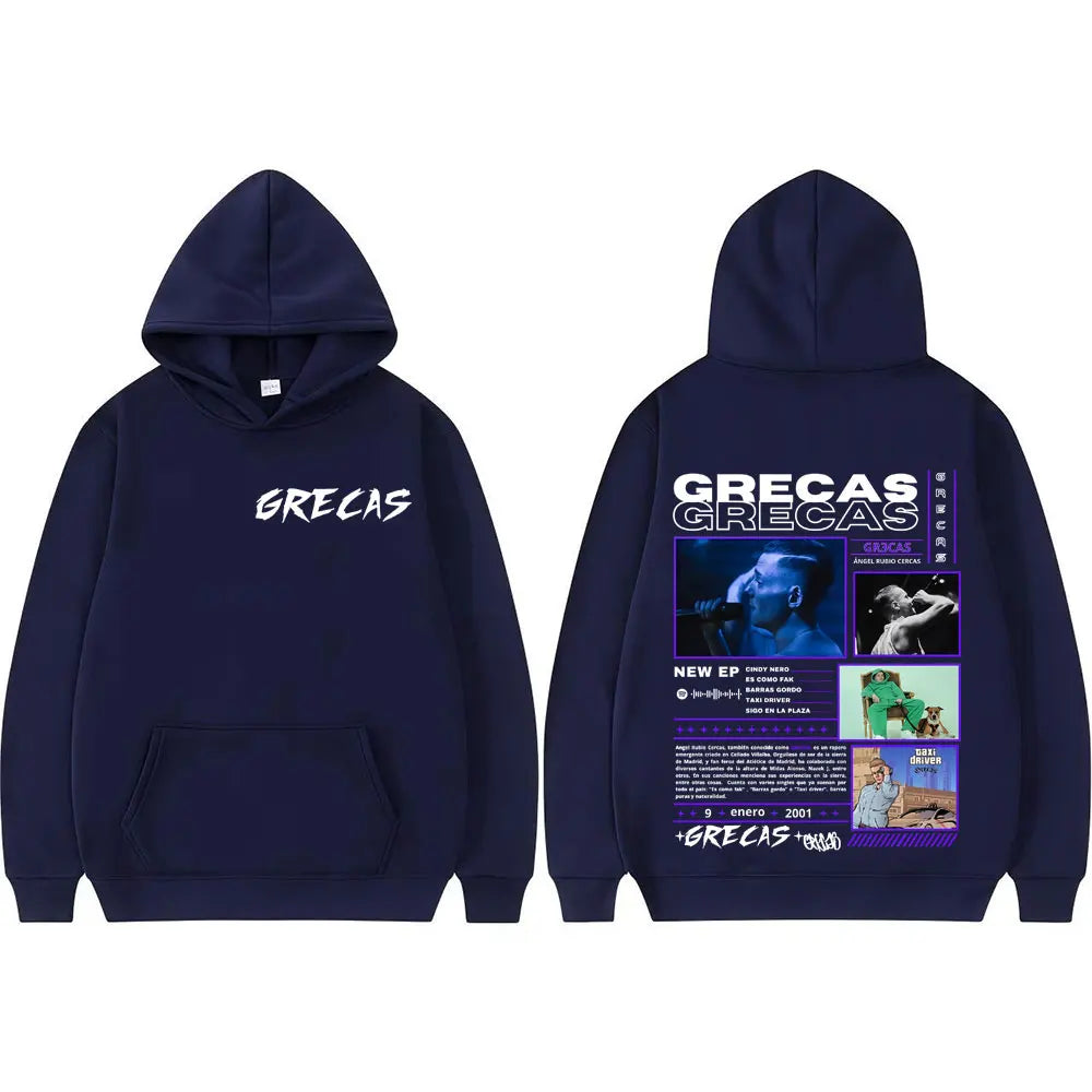 Navy blue rapper grecas album graphic hoodie for men and women featuring white lettering front and detailed back print
