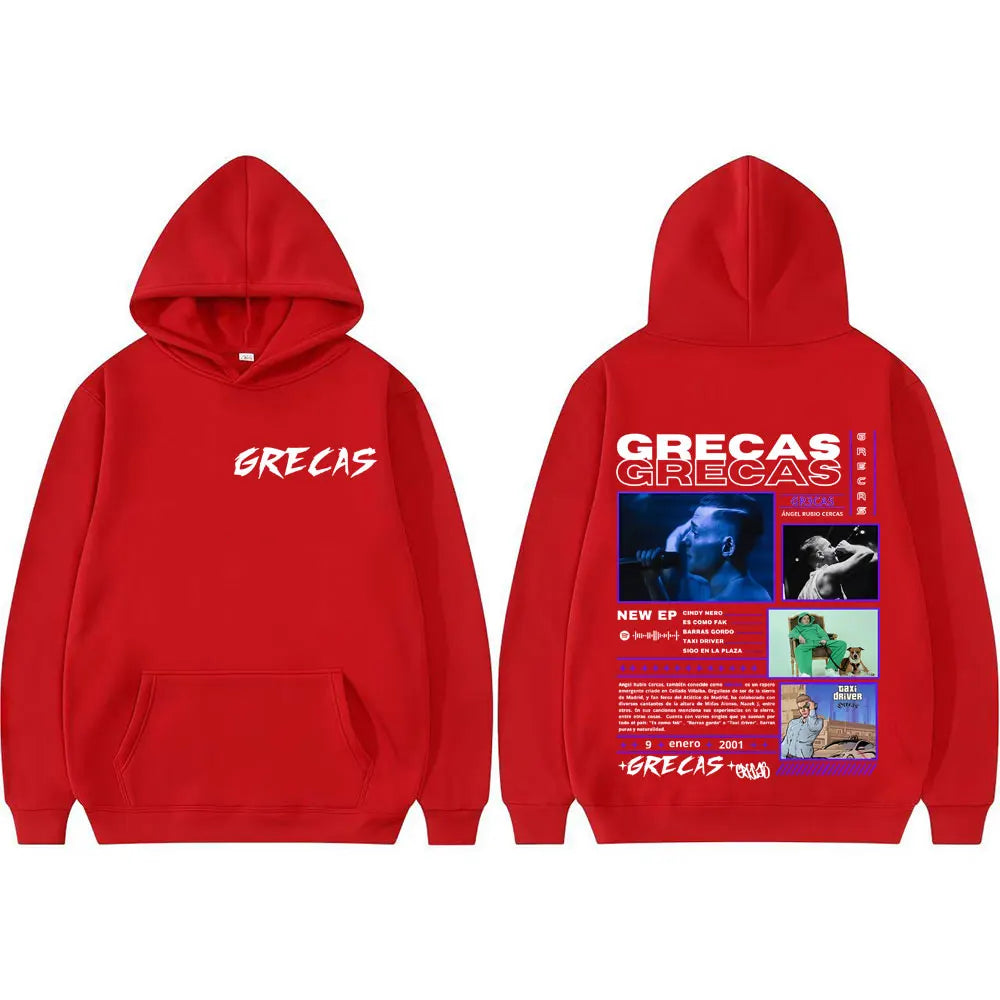 Red hooded sweatshirt with white grecas text front and colorful rapper grecas album graphic hoodies men back design