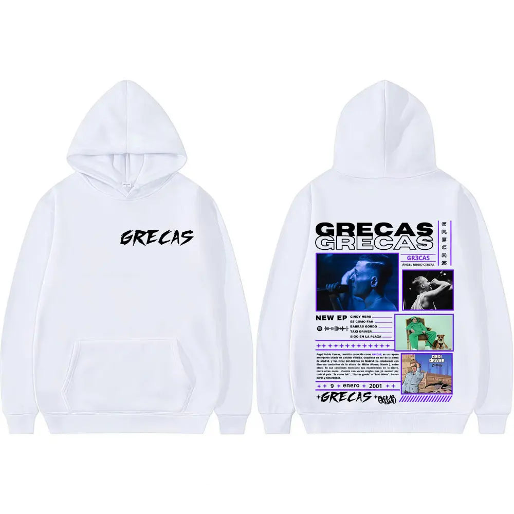 White hoodie with black grecas text on front and detailed graphic print with purple accents on back for rapper grecas album and women harajuku street style