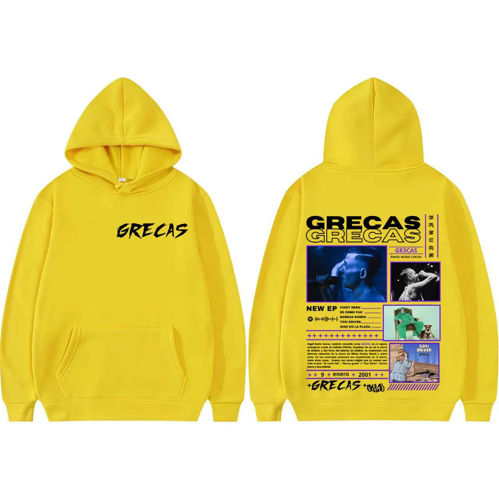 Bright yellow rapper grecas album graphic hoodie with black text front and detailed back design for men and women harajuku street