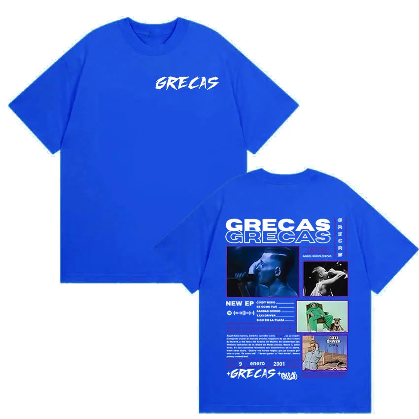Bright blue oversized crewneck t-shirt with white grecas lettering front and graphic back for rapper grecas tour merch