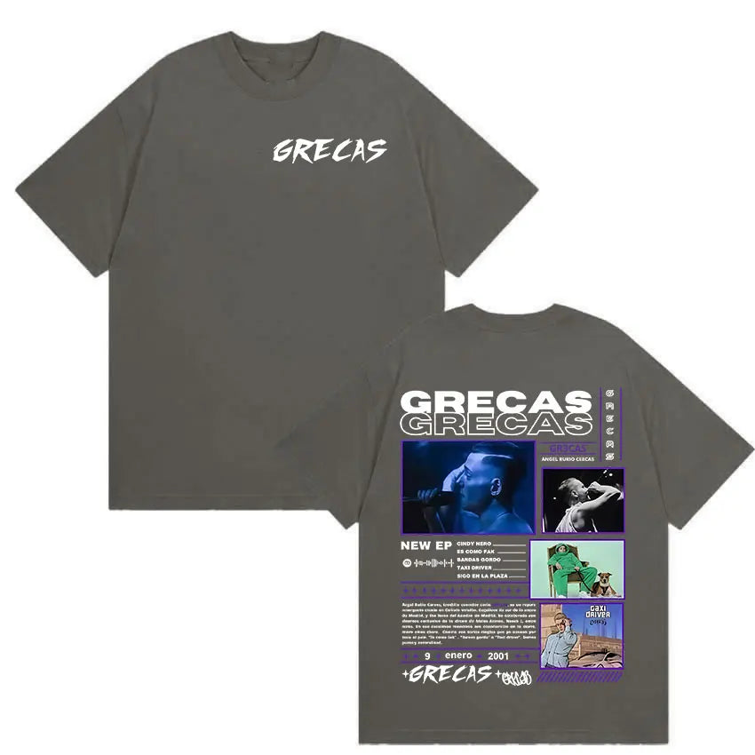 Dark gray oversized short-sleeved t-shirt showing the back with rapper grecas tour album merch graphic print and purple accents
