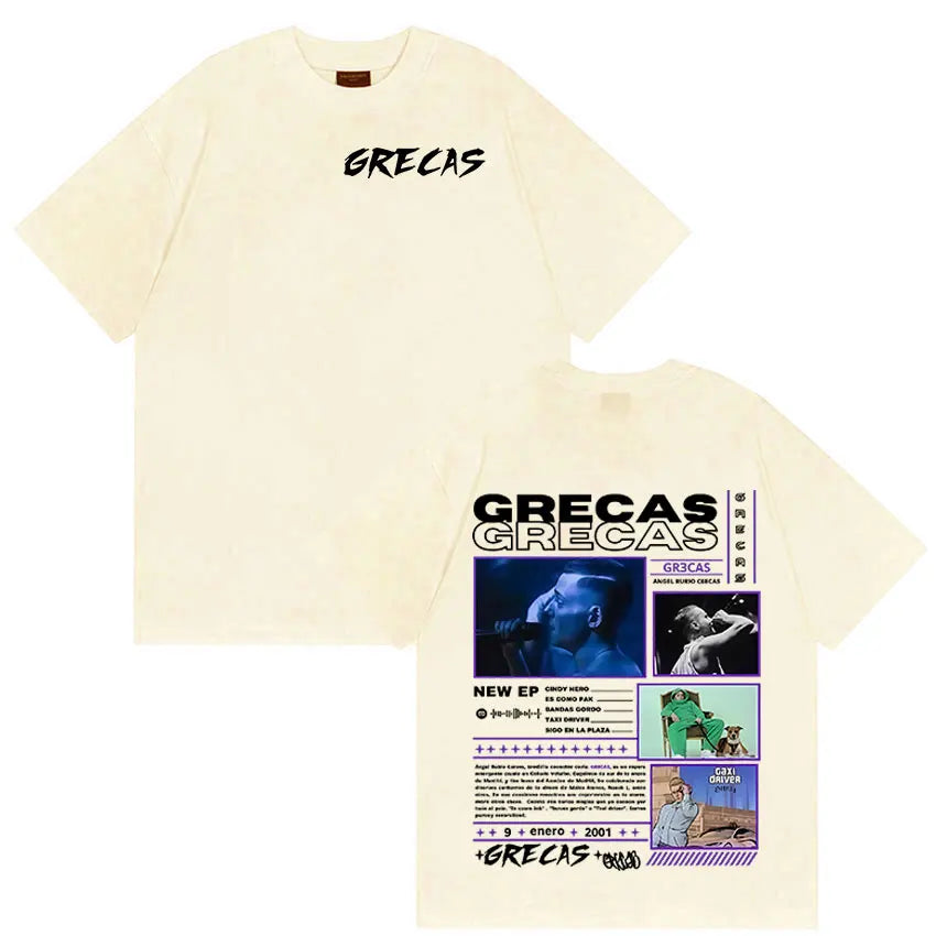 Cream-colored short sleeve t-shirt with rapper grecas tour graphic print featuring musicians and album merch design elements