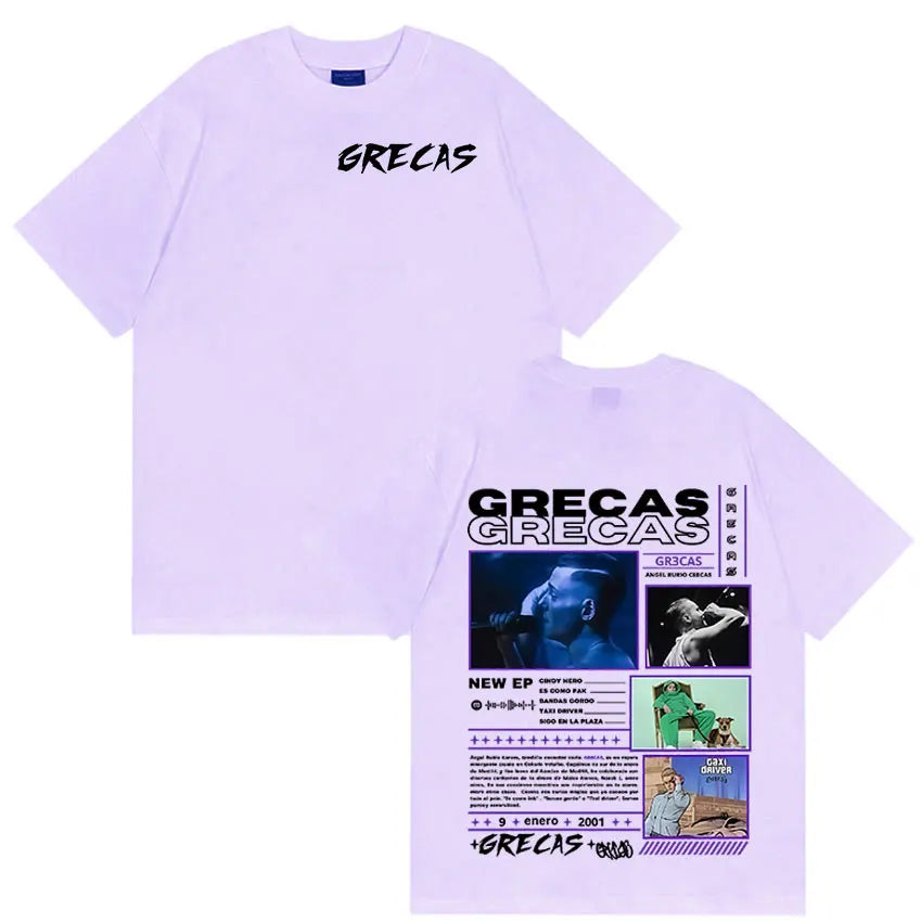 Light purple rapper grecas tour oversized t-shirt with black grecas text front and detailed album merch graphic back view