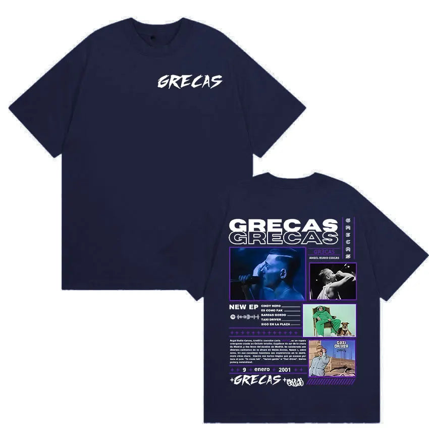 Dark navy blue cotton rapper grecas tour oversized t-shirt with white logo front and detailed graphic print back album merch