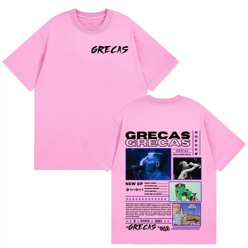 Pink short-sleeved oversized t-shirt with rapper grecas tour graphic print for album merch clothing fashion streetwear