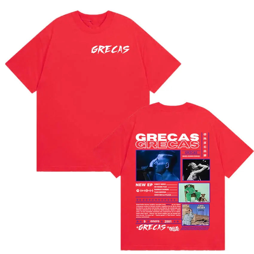 Vibrant red oversized short-sleeved t-shirt with white grecas text front and detailed back print for rapper grecas tour album merch