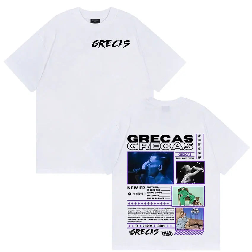 White oversized cotton t-shirt featuring rapper grecas tour album merch print with bold chest and detailed back artwork