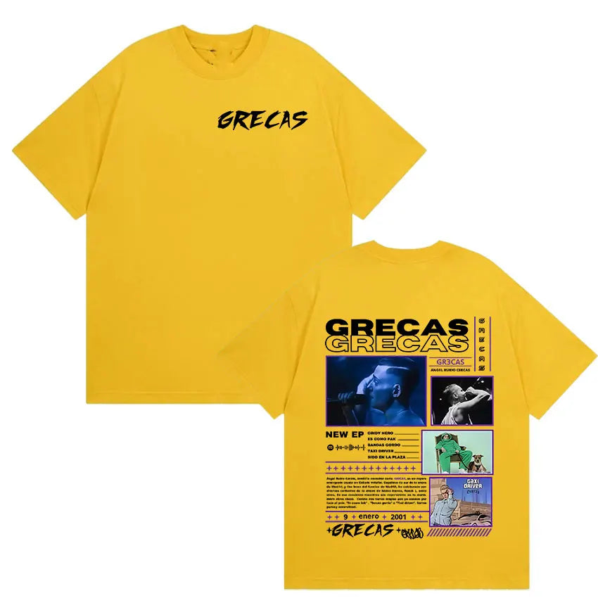Bright yellow rapper grecas tour oversized t-shirt with black text front and album merch design on back side