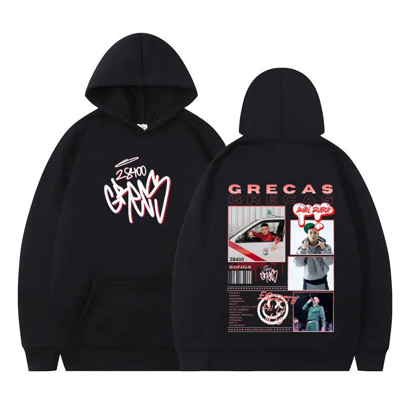 Black rapper grecas tour album print hoodie with white and red graffiti front and graphic back loose casual harajuku pullover