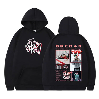 Black rapper grecas tour album print hoodie with white and red graffiti front and graphic back loose casual harajuku pullover