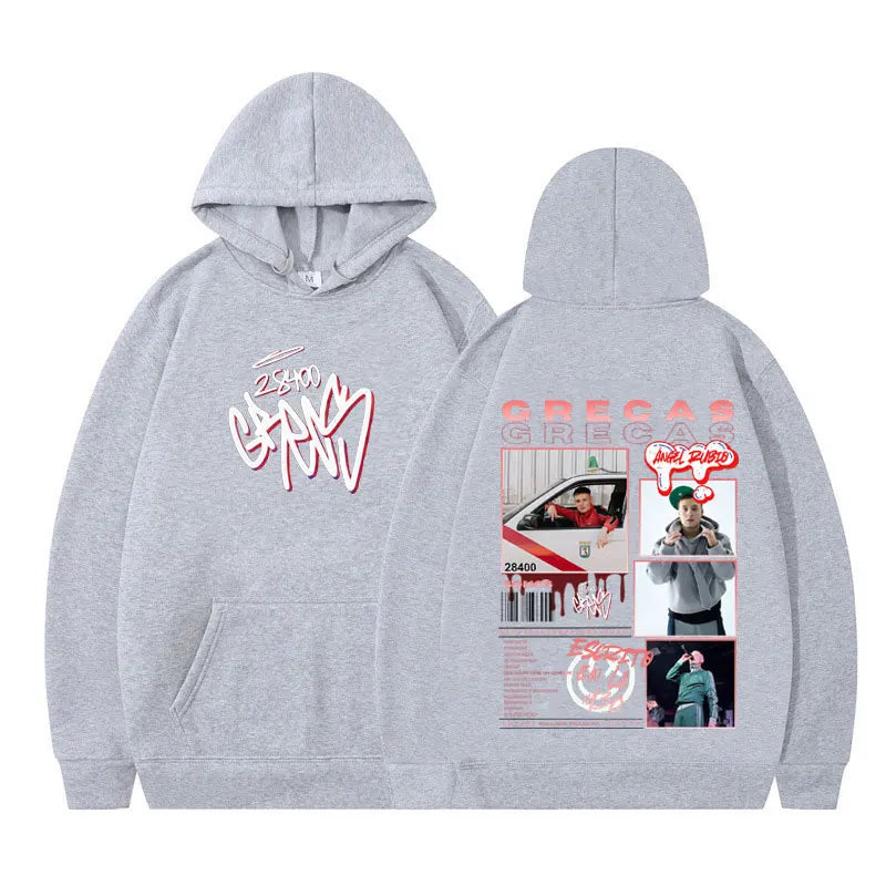 Gray oversized hoodie with rapper grecas tour 2026 album print featuring front graphic and back photos loose casual harajuku style