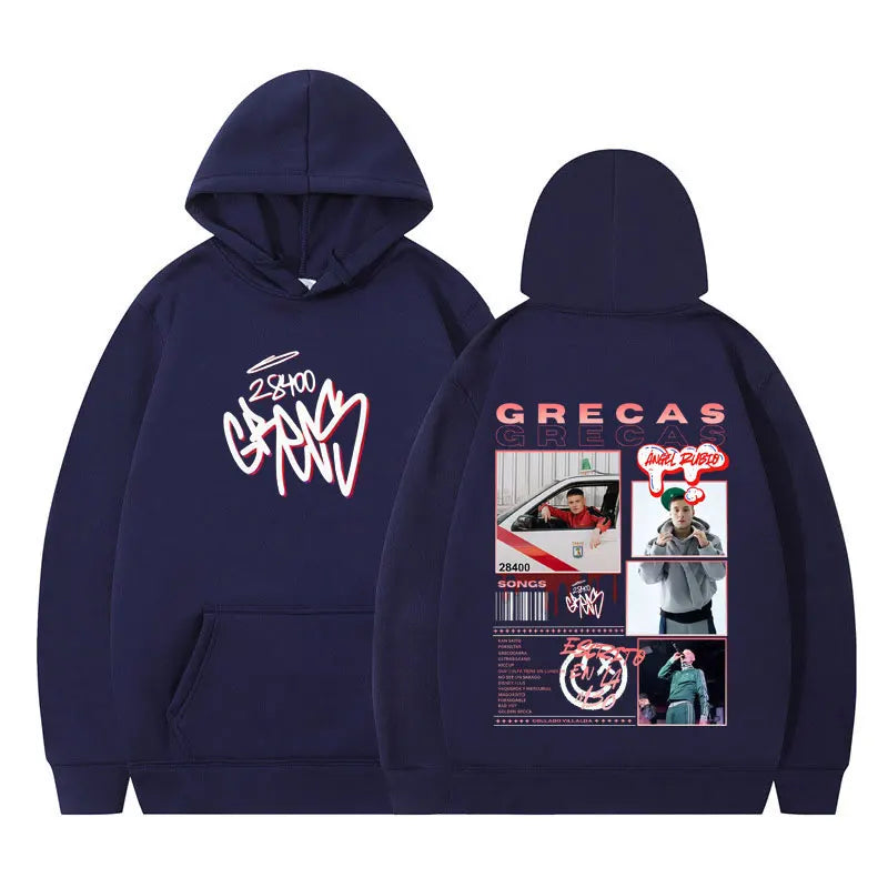 Navy blue rapper grecas tour album print hoodie with graphic print on front and back loose casual harajuku style