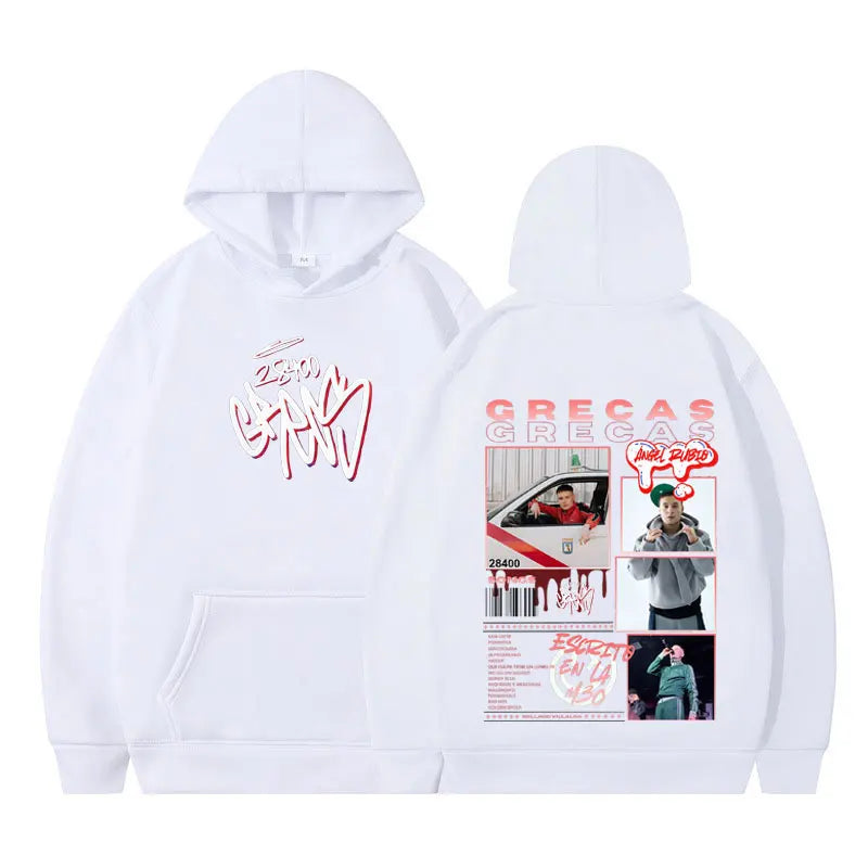 White oversized hoodie featuring rapper grecas tour 2026 album print with red black text and loose casual harajuku style
