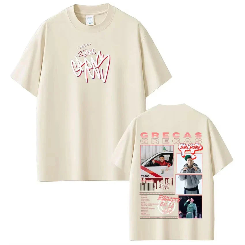 Beige cotton short sleeve tee shirt streetwear with front pink white graphic and back rapper grecas tour photo panels design