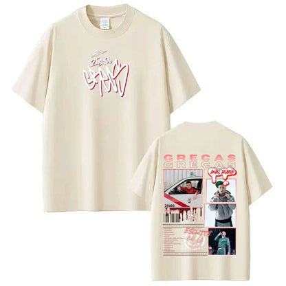 Beige cotton short sleeve tee shirt streetwear with front pink white graphic and back rapper grecas tour photo panels design