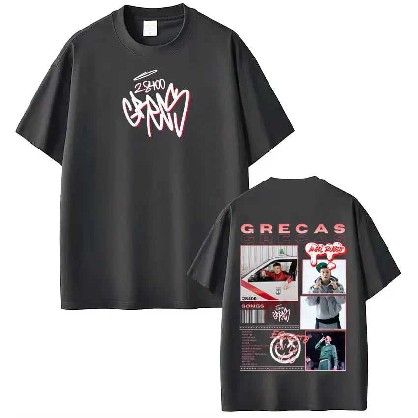 Black cotton rapper grecas tour tee shirt streetwear with white pink graffiti front and photo collage back print