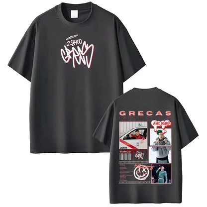 Black cotton rapper grecas tour tee shirt streetwear with white pink graffiti front and photo collage back print