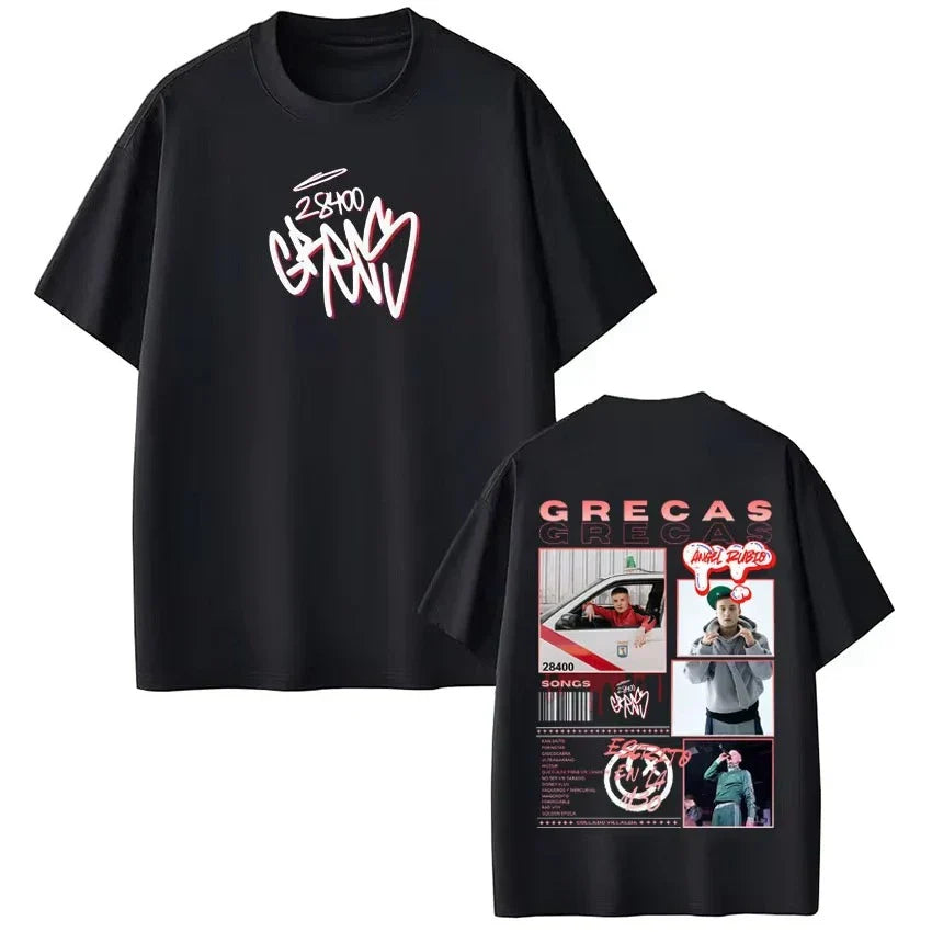 Black short-sleeved cotton tee shirt streetwear featuring rapper grecas tour 2026 album print for fashion hip hop fans