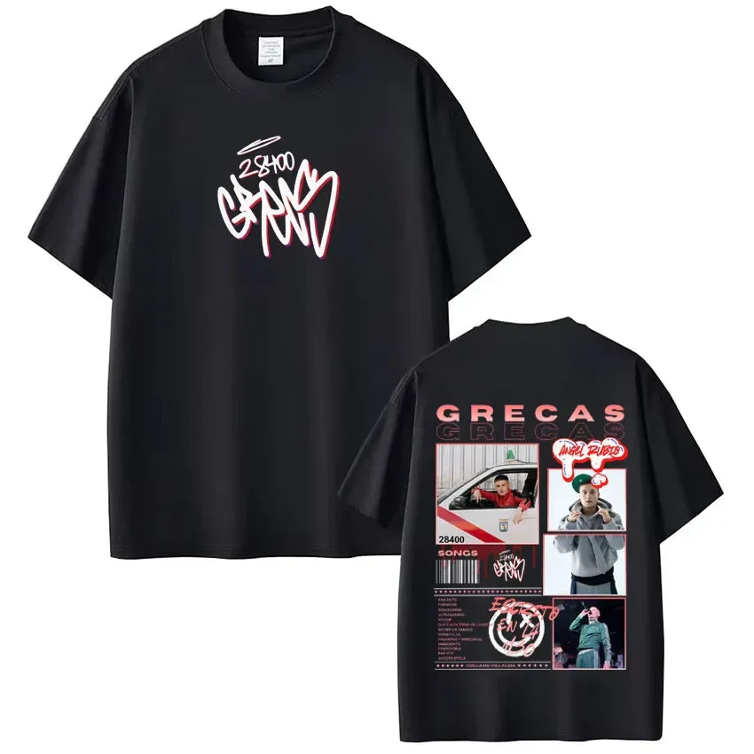 Black short-sleeved cotton tee shirt streetwear with rapper grecas tour 2026 album print and fashion hip hop design