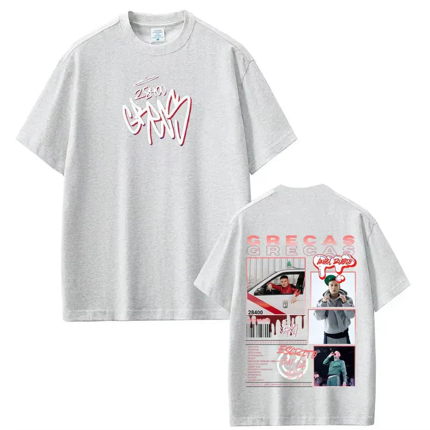 Heather gray cotton short sleeve tee shirt streetwear with rapper grecas tour 2026 album print and fashion hip hop design on back