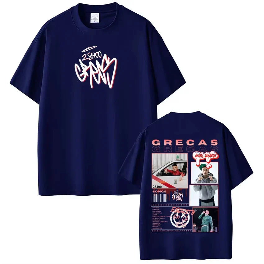Navy blue short sleeve cotton tee shirt streetwear with white and pink graffiti design for rapper grecas tour fashion hip hop