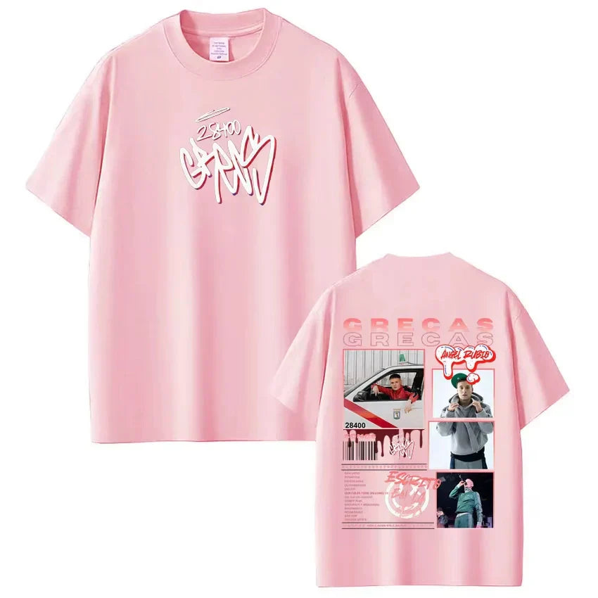 Pink cotton short sleeve tee shirt streetwear featuring white graffiti front and collage back print for rapper grecas tour