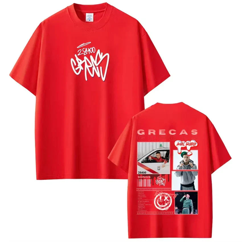 Red short-sleeved cotton tee shirt streetwear with white graffiti front and photo collage back for rapper grecas tour fashion hip hop