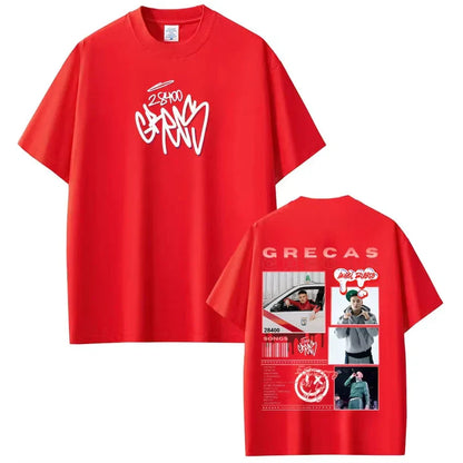Red short-sleeved cotton tee shirt streetwear with white graffiti front and photo collage back for rapper grecas tour fashion hip hop