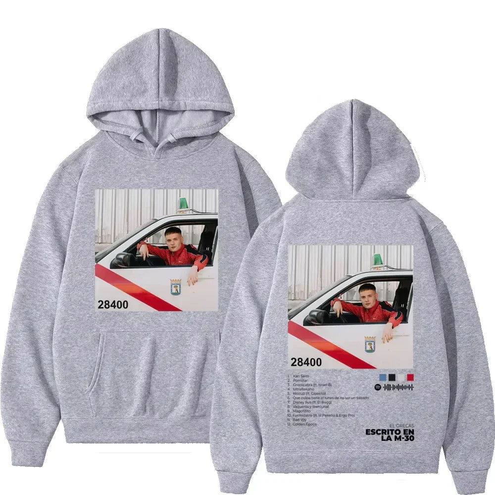 Gray hooded sweatshirt with rapper grecas tour album print featuring a man in a taxi for fashion oversized sweatshirt