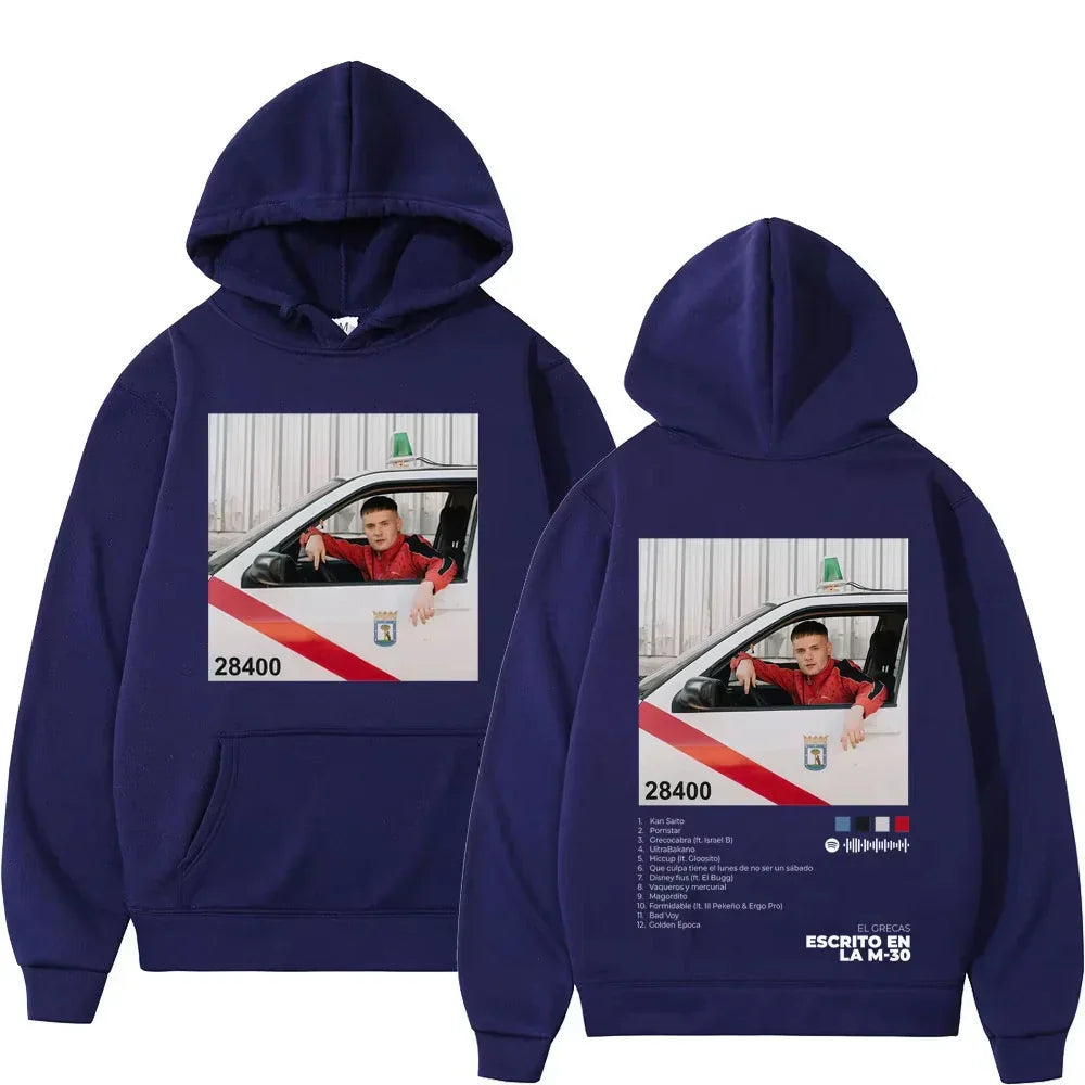 Navy blue rapper grecas tour album print hoodie with oversized fit featuring graphic taxi and lyrics for casual wear
