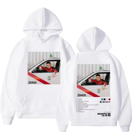 White hoodie with rapper grecas tour album print featuring man in red jersey in police car, fashion oversized sweatshirt