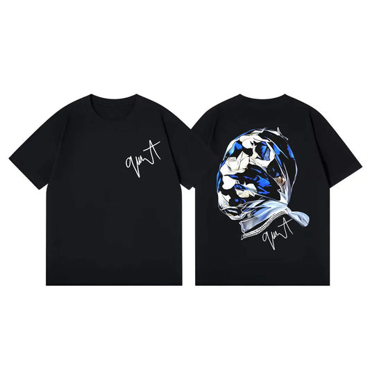 Black short-sleeved cotton t-shirt with white cursive logo front and detailed blue fabric face graphic back gunna album merch
