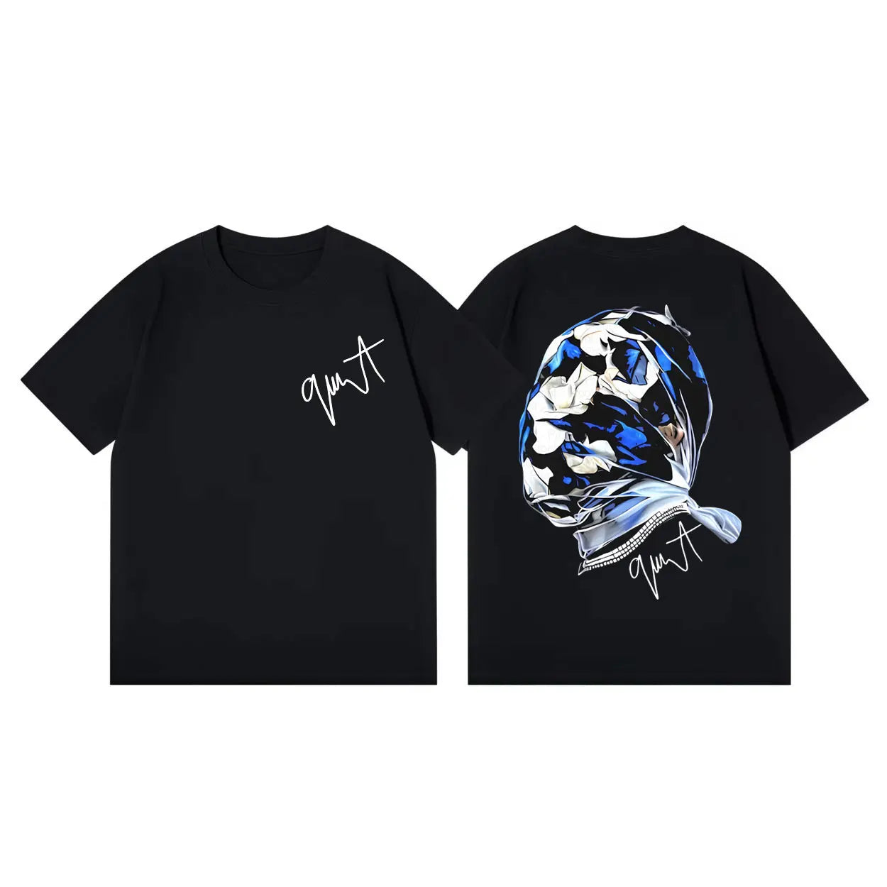 Black cotton short-sleeved rapper gunna album t-shirt with white cursive logo front and blue fabric face graphic back