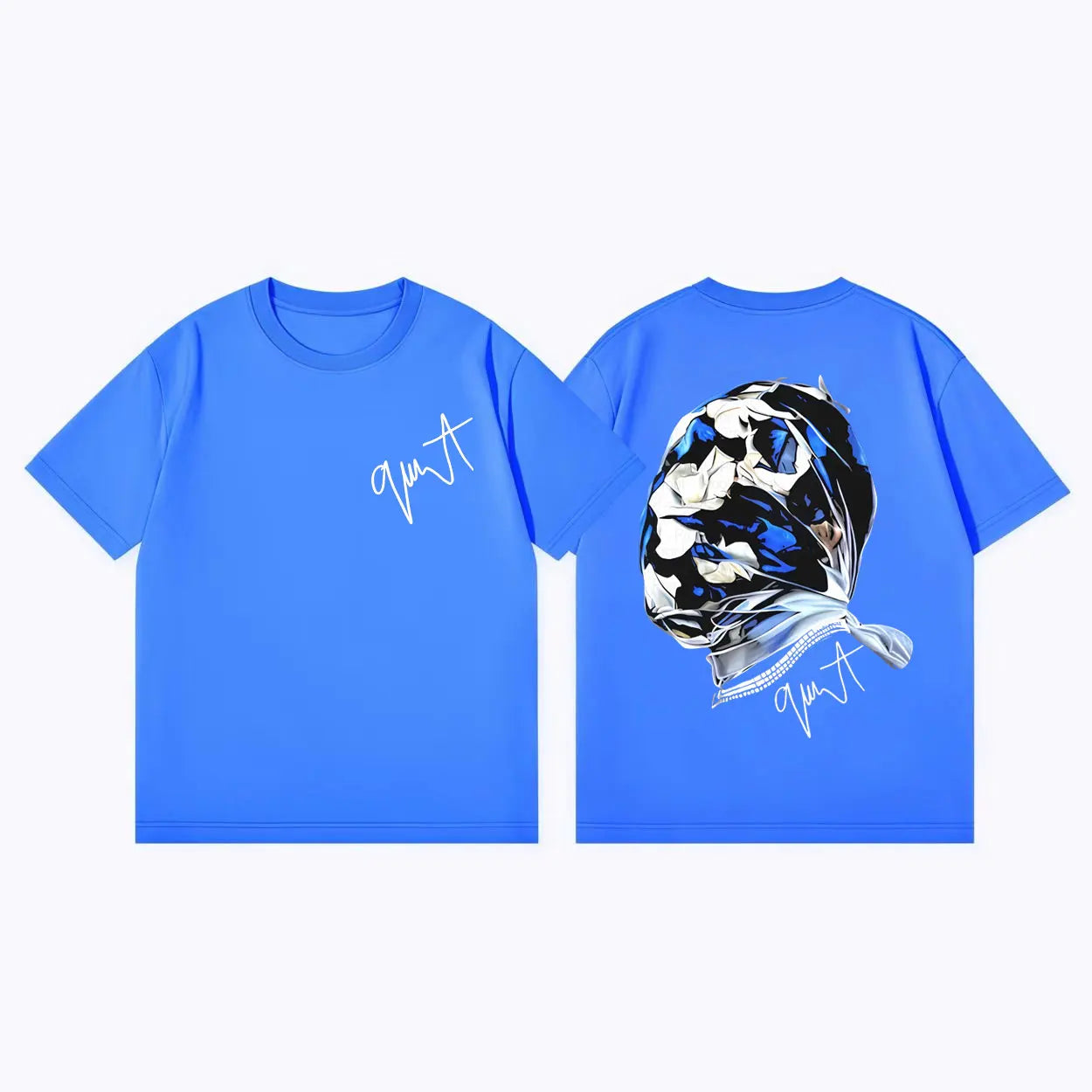Bright blue cotton rapper gunna album merch t shirt with white cursive signature and detailed wrapped fist graphic