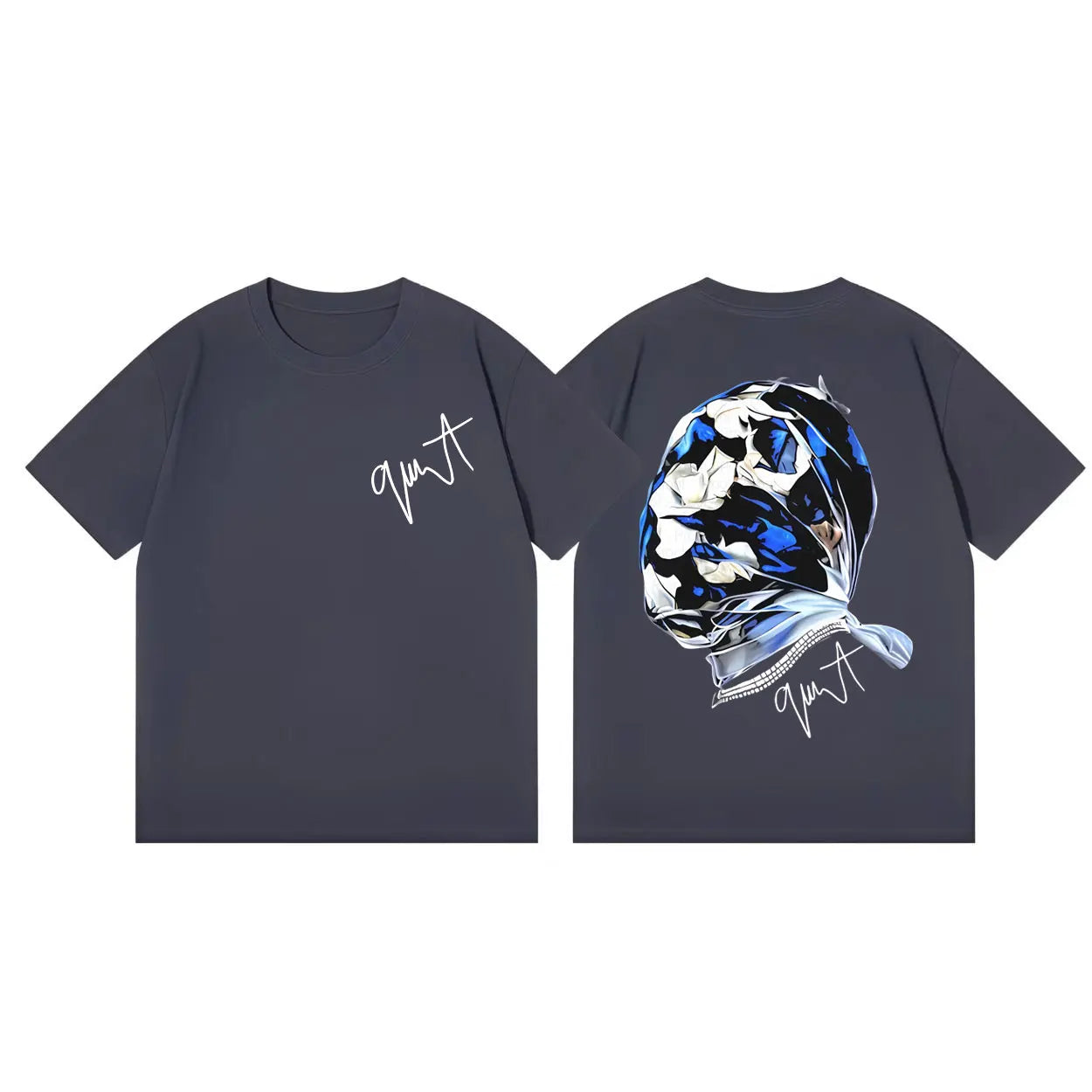 Dark gray short sleeve cotton t shirt showing back with stylized head graphic and gunna album merch signature logo