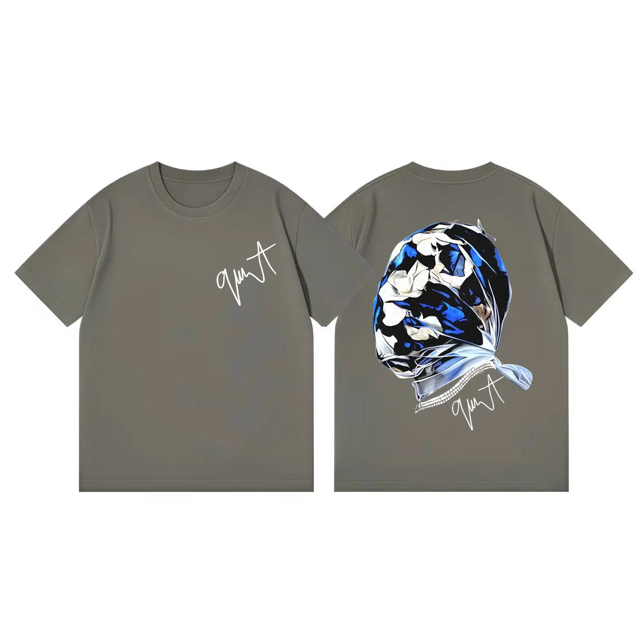 Olive green cotton short sleeve t shirt with white cursive logo front and detailed headscarf graphic back gunna album merch