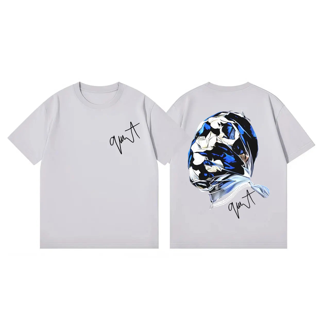 Light gray short-sleeved cotton t-shirt with bold blue and white stylized head graphic on back rapper gunna album merch