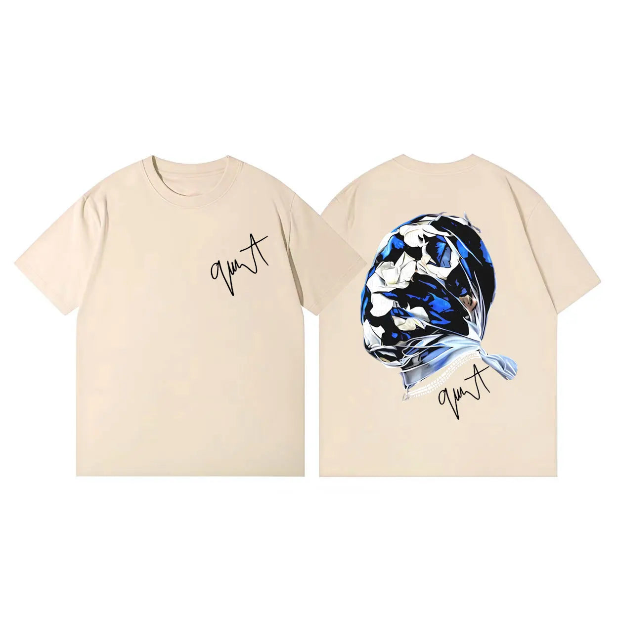 Beige short-sleeved cotton t-shirt showing the back with bold blue and white wrapped head graphic and black cursive rapper gunna album merch branding