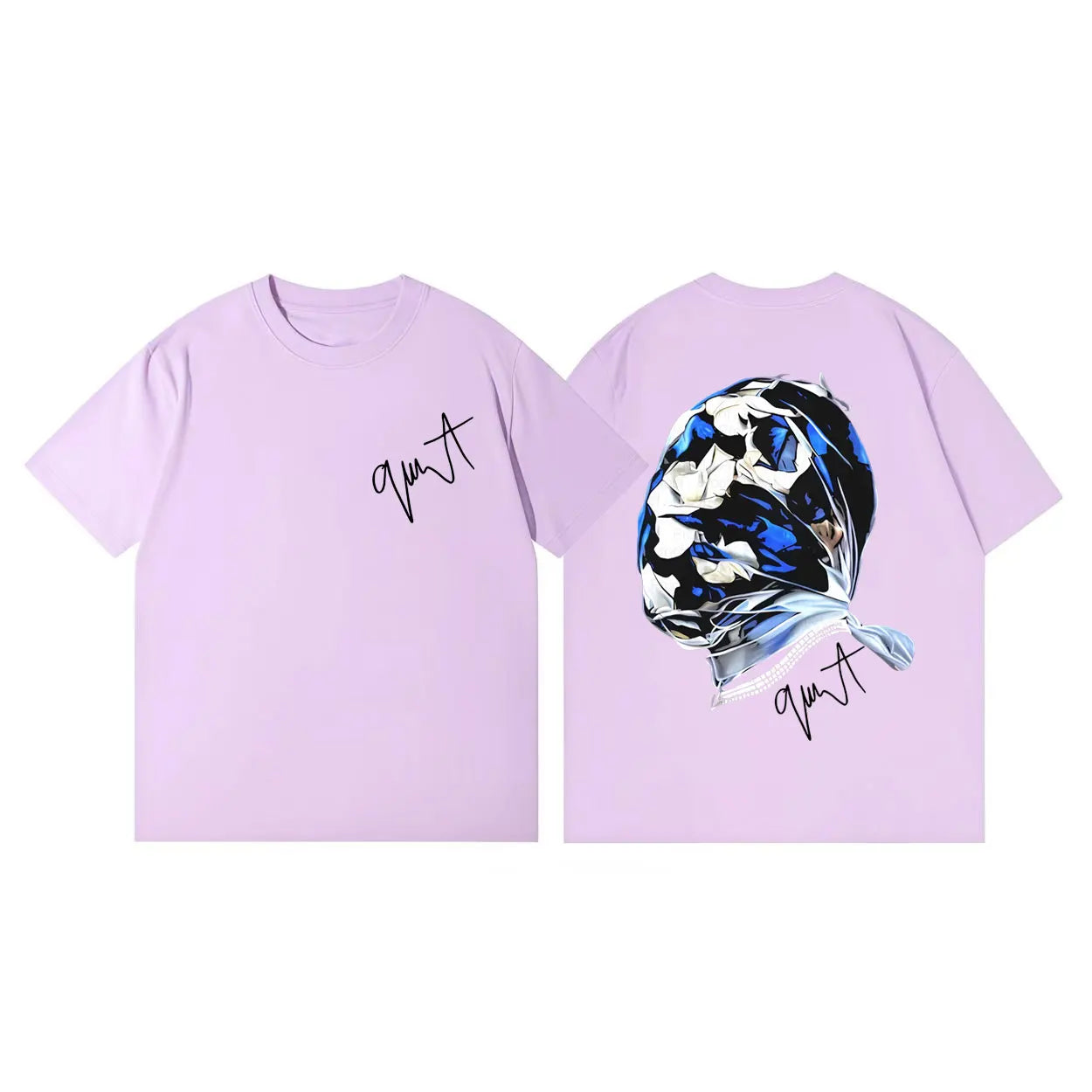 Back of light purple cotton short sleeve t-shirt with black white blue skull graphic and rapper gunna album merch logo